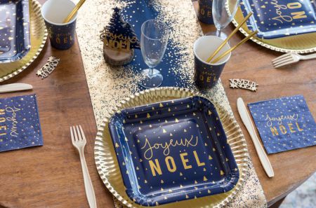 assiette joyeux noel metallisee bleu carton decoration 