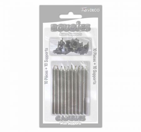 bougies pailletees argent avec support 