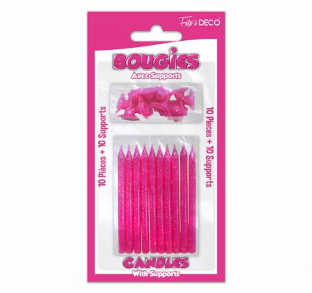 bougies pailletees fushia avec support 