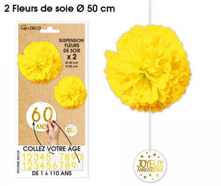 suspension fleurs de soie x2 jaune 