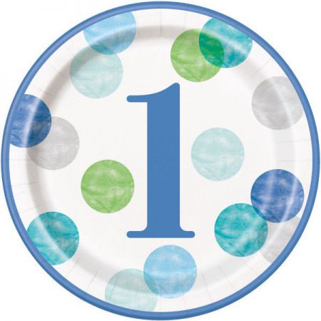 assiette 1er anniversaire pois bleu 