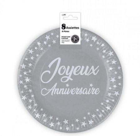 assiette anniversaire gris 23cm 