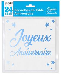 serviettes anniversaire bleu x24 