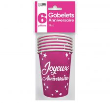 gobelets anniversaire fushia x6 