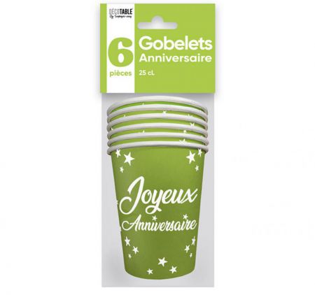 gobelets anniversaire vert x6 