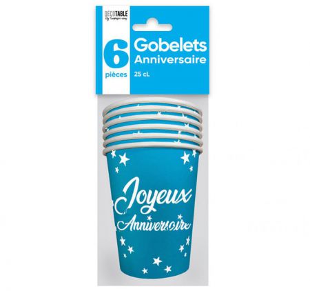 gobelets anniversaire bleu x6 